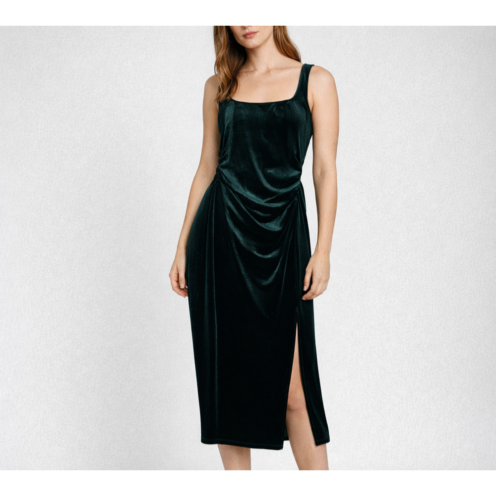 Floret‎ Studios Stretch Velvet Midi Dress Womens M Green Ruched Cocktail Holiday